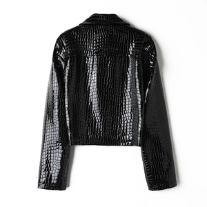 Nouvelle mode veste en cuir de crocodile de mouton véritable à manches longues et revers noir veste en cuir gaufré de crocodile recadrée pour femme - Product Image 6
