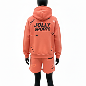 Premium Cotton Polyester Fleece Hoodie And Shorts Set Women Coral Orange Casual Streetwear Custom Logo <b>Patch</b> Set for Women - Product Image 3