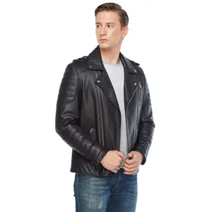 Chaqueta de cuero de motorista personalizable al por mayor de alta calidad para hombre, cuello levantado, cuero Real con material de tela de plumón para motocicletas - Product Image 5