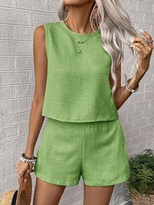 Wholesale Women's Casual Fashion Two-Piece Summer <b>Set</b> Solid Color Sleeveless Vest <b>Top</b> <b>and</b> <b>Shorts</b> above Knee Length Loose <b>set</b> - Product Image 5