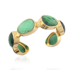 Bracelet manchette multi-pierres vert émeraude quartz en laiton massif plaqué or 18 carats, bijou de mode ajustable pour femme - Product Image 2