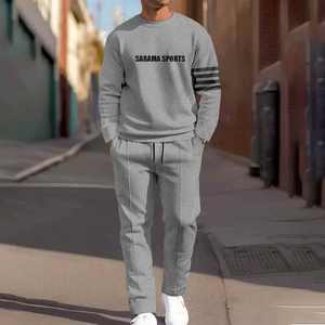 Ensemble de survêtement à rayures latérales personnalisé en usine, unisexe, décontracté, sweat-shirt à col rond thermique, jogging, pantalon de survêtement, hiver - Product Image 1