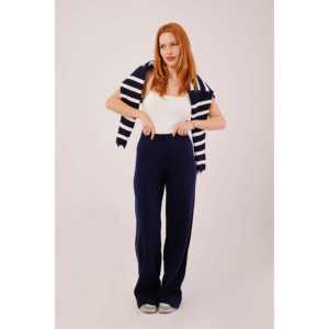 Pantalon large respirant bleu marine en maille avec taille côtelée et taille haute, vente en gros - Product Image 3