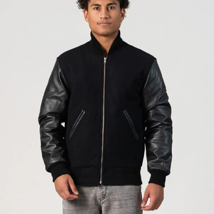 Chaqueta Bomber Negra de Algodón para Hombre 2026 al por Mayor, Cuello Alto, Botones Cubiertos, Estilo Casual de Invierno con Parches y Letras, Estilo Urbano de Alta Gama - Product Image 4