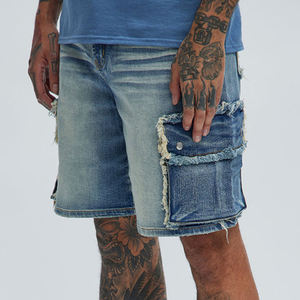 Shorts en jean cargo pour hommes, bleu marine, décontractés / Service OEM pour les acheteurs en gros, couleur unie, prix de gros, logo personnalisé avec fermeture à boutons - Product Image 4