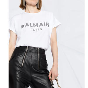 T-shirt d'été de haute qualité avec logo personnalisé pour femmes, avec impression de strass, tenue décontracté, t-shirts respirants - Product Image 1