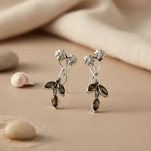 <b>925</b> <b>Silver</b> Smoky Quartz Crystal Flower <b>Earrings</b> for Women Perfect Gift Idea - Product Image 2