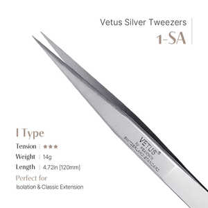Pince à épiler Vetus 1-SA en acier inoxydable en forme de I pour extensions de cils et sourcils, pointes en fibre argentée avec pointes pointues - Product Image 2