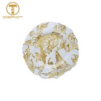 Assiette de présentation en verre de style royal avec motif de gaufrage doré, assiette de fruits en verre transparent