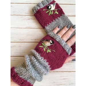 Warm Knitted Patchwork <b>Gloves</b> for Women Bird Embroidery Half <b>Finger</b> for Screen Winter Outdoor Breathable Mittens - Product Image 4