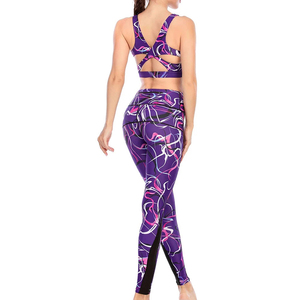 Women's Purple Abstract Print Yoga Set 2 Piece Racerback <b>Crop</b> <b>Top</b> High Waist Full Length Leggings Four-Way Stretch - Product Image 3