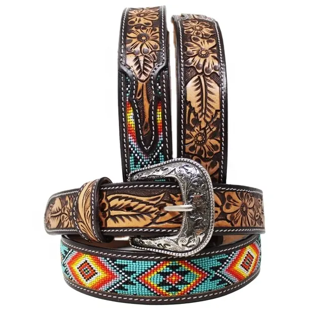 Cinturón de piel de vaca con cuentas de estilo occidental, cinturón de piel de vaca con diseño Floral hecho a mano, tallas personalizadas, al mejor precio, para hombres y mujeres