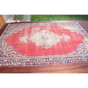 5.8x8.7 ft Rug, Turkish Vintage Rug, <b>Red</b> Blue Plants & trees <b>Wool</b> Rug - Product Image 3