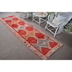 Alfombra Turca Vintage de 3.1x10.5 pies, Alfombra de Pasillo, Alfombra de Lana con Parches Rojos y Grises - Product Image 4