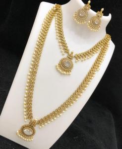 Conjunto de collar combinado chapado en oro con piedras AD de diseño único exclusivo de alta calidad con pendientes para colección de ropa de boda - Product Image 2