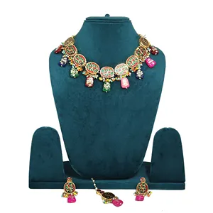 Ensemble de collier plaqué or Kundan avec perles de zircon multicolores pour mariage ou bijoux fins, cadeau pour femmes - Product Image 4