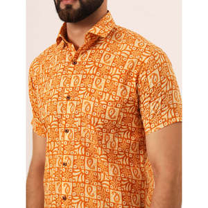 MILLENNIAL MEN Naranja Paisley Print 100% Algodón Casual Camisa de media manga Ajuste regular con patrón de rayas - Product Image 1