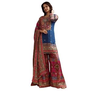 Abito blu stampato Kurta Palazzo con pizzo e paillettes Dupatta all'ingrosso donna abbigliamento etnico OEM fabbrica alla rinfusa - Product Image 3