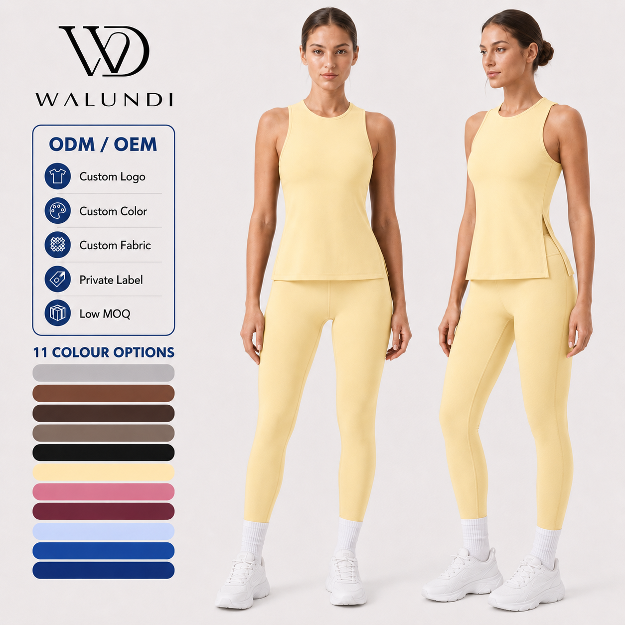 Naked Feeling Yoga Set Women Round Neck Sleeveless Top with Built-in Bra Side Split Workout Leggings 2 Piece Set Custom Logo