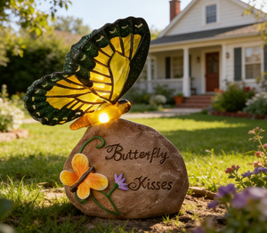Statua di Farfalla su Roccia Alimentata a Energia Solare, Figurina in Resina con Luce LED per Decorazione Giardino - Product Image 4