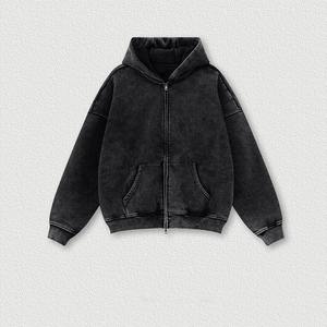 Sweat à capuche pour homme en tissu lourd vintage lavé à l'acide, fermeture éclair, surdimensionné, pour l'hiver, avec motif uni - Product Image 1