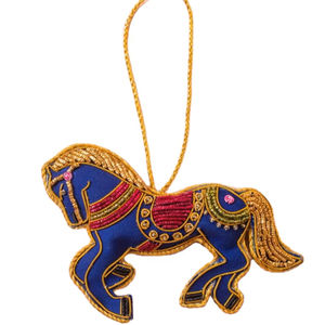 Beautiful horse design blue and gold coloured seed beaded embroidery handmade keychain and keyring <b>bag</b> accessories from India - Product Image 1