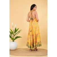 Robe longue vintage Lavinas en soie pour femme, style A-line, dos nu en dentelle, tenue de plage, motifs tissés, taille élastique, lavable, taille unique