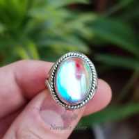 Bague de promesse en argent sterling 925 avec quartz aurore, cristal taillé à la main, forme ovale, effet aurore boréale, pour soirée