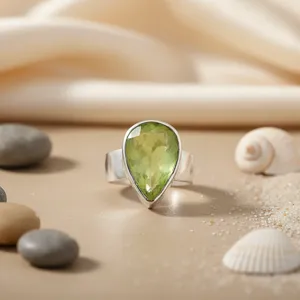 A Pear Cut <b>Peridot</b> 925 Silver Bezel Setting Minimalist Gemstone <b>Ring</b> Trendy Unisex Everyday Wear From Rajasthan - Product Image 1