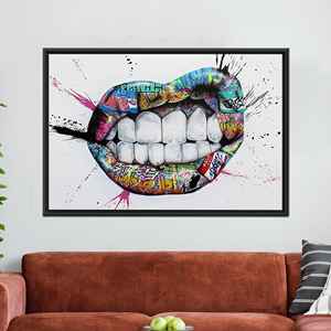 Arte en lienzo con estampado de labios de grafiti urbano: decoración moderna para pared de oficina, 1 pieza: con marco negro - Product Image 1