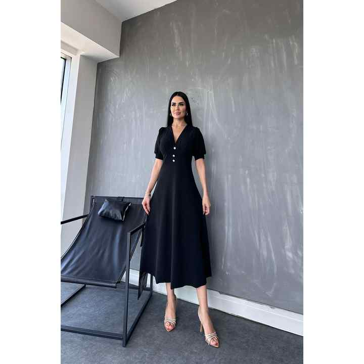 V Neck Knitted Crepe Stone Buttoned Flared Summer Dress