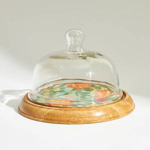 <b>Glass</b> Cloche Mango/Acacia Wooden <b>Base</b> Floral Print Handmade Non-Toxic Cake <b>Dome</b> Food Display Cover for Table Centerpiece Wedding - Product Image 1