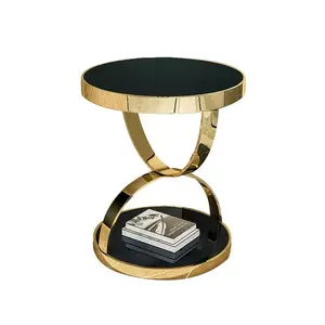 โต๊ะกาแฟทรงกลมดีไซน์โบราณ โครงเหล็กสีทอง ท็อปกระจก ขายดี โต๊ะกาแฟสำหรับบ้าน - Product Image 4