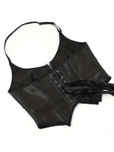 Haut corset en cuir noir style punk pour femme avec fermeture éclair sur le devant et bretelles réglables - Design dos nu sexy pour l'été - Product Image 4
