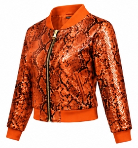 Chaqueta Bomber con estampado animal naranja para mujer, cuello alto, cierre de cremallera, manga larga, abrigo corto informal - Product Image 3