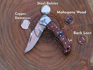 Couteau de poche en cuivre pliant damas fait à la main de qualité supérieure manche en bois lame Turquoise cadeau d'anniversaire pour le Camping bricolage Grade ODM - Product Image 4