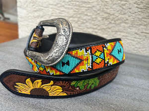 Cinturón con cuentas de diseñador de vaquero de cuero americano, regalo para hombre, moda occidental, cinturón de lujo ostentoso, piel de vaca Premium, Floral, mecanizado a mano - Product Image 4