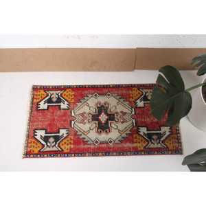 1.5x3 ft Small Vintage Rug, Turkish Rug, Red <b>Yellow</b> Ombr <b>Wool</b> Rug - Product Image 3