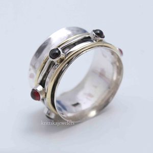 925 argent Sterling bicolore mariage anniversaire fête accessoire bague Fine grenat naturel pierres précieuses lunette réglage pour bague - Product Image 1