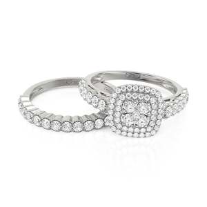 Jeulia Double Halo Cluster Engagement Ring <b>Set</b> with Eternity Band <b>Sterling</b> <b>Silver</b> - Product Image 3