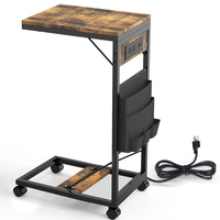 Table d'appoint industrielle rustique en bois en forme de C avec Station de charge et Ports USB