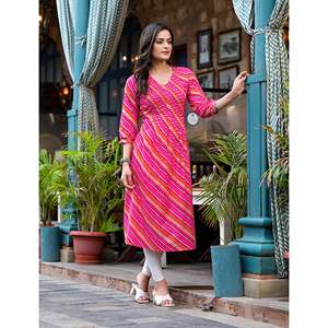 <b>Peach</b> Cotton Lehariya Straight Kurti Hand Drawn Printed Pakistani Style Salwar Kameez Party Wear Stitched Clothing - Product Image 4