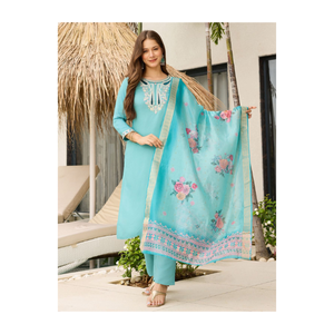 Pantalon Kurti gracieux avec ensemble Dupatta avec broderie fine tenue traditionnelle trois pièces pour femme parfaite pour une tenue de fête - Product Image 1