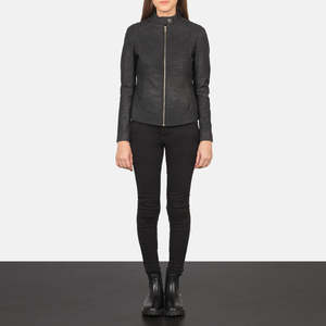 Chaqueta de cuero negra desgastada con cuello alto estilo motero para otoño - Product Image 3