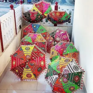 인도 수제 아름다운 면 우산 핸드스티치 자수 작업 파라솔 보헤미안 파티 & 웨딩 장식 파라솔