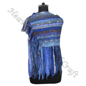 Sari en soie recyclée 15 bandes foulards faits à la main de concepteur étole châles SC662 soie fine en gros recyclé Vintage Sari femme écharpe - Product Image 5