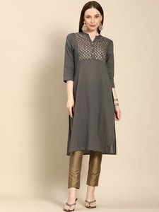 Kurta d'été pour femme en pur coton, coupe droite élégante, longueur genou, col mandarin, manches longues, motifs ethniques, design de jupon - Product Image 2