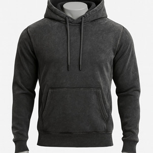Sweat à capuche pour homme, brodé, hiver, noir délavé, poche kangourou, polaire doux, décontracté, quotidien, cordon de serrage, coupe ample, 100% - Product Image 1