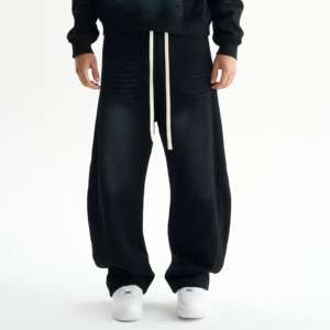 Pantalon cargo décontracté pour homme, de luxe, surdimensionné, en laine peignée, à jambes torsadées, avec cordon de serrage, lavage moyen - Product Image 3