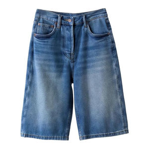 กางเกงยีนส์ขาสั้นทรงหลวมสีฟ้าผ้าคอตตอน100% ยาวปานกลางแบบถักสไตล์ลำลองทรงตรงสำหรับฤดูร้อน - Product Image 1